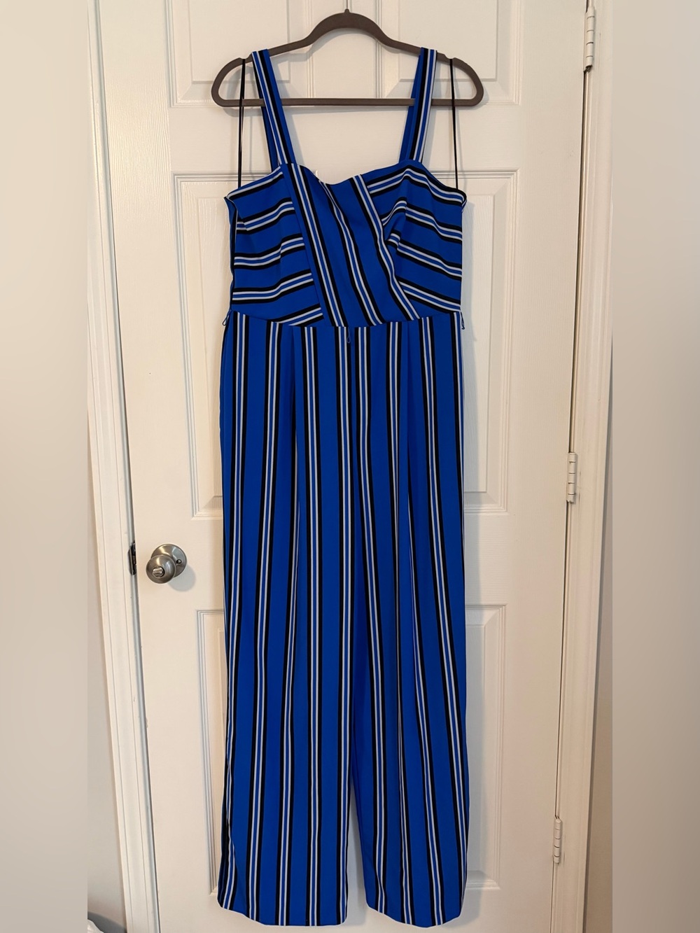Emma & Michele Blue and White Striped Strapless Jumpsuit Dress